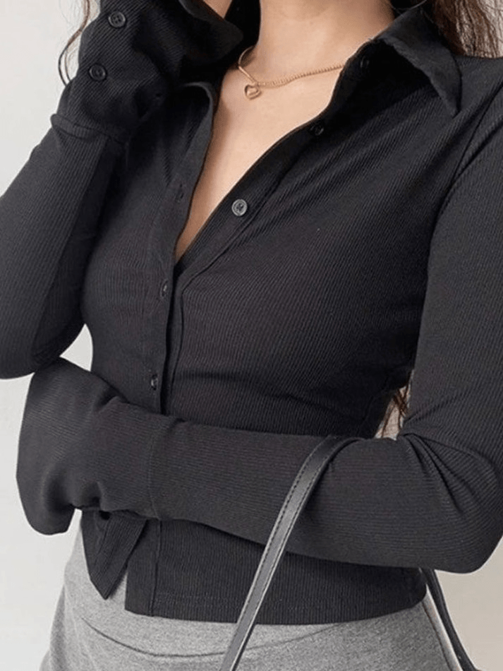 Polo Neck Long Sleeve Rib Blouse