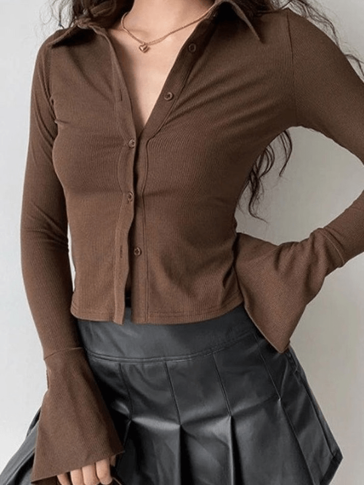 Polo Neck Long Sleeve Rib Blouse