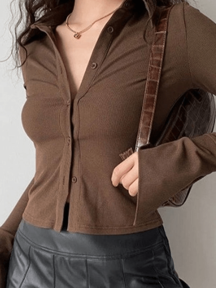 Polo Neck Long Sleeve Rib Blouse