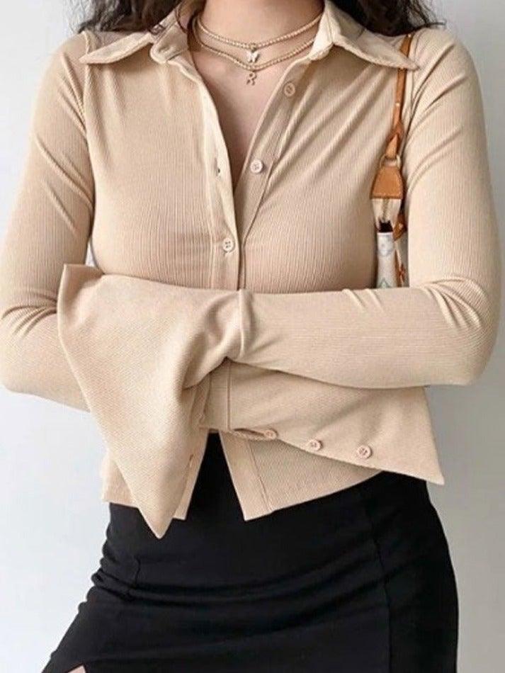 Polo Neck Long Sleeve Rib Blouse