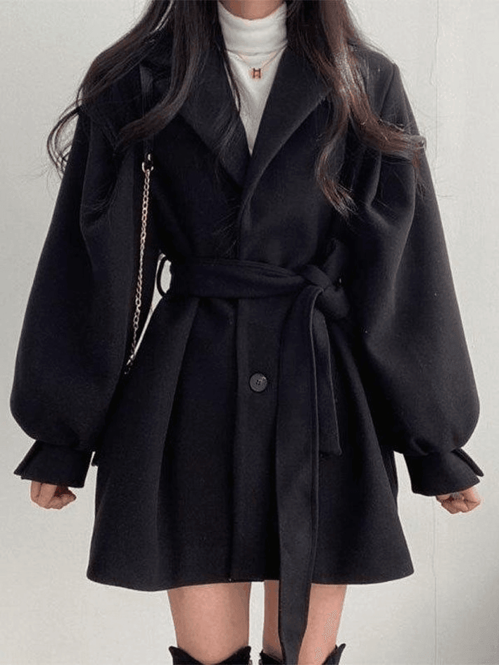 Puff Sleeve Belted Woolen Coat