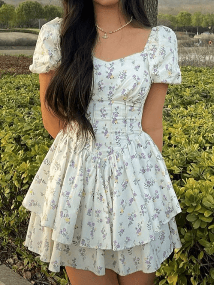 Puff Sleeve Floral Corset Mini Dress