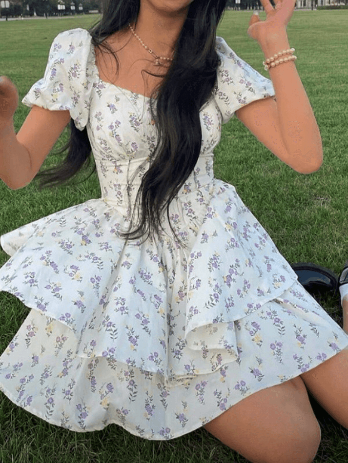 Puff Sleeve Floral Corset Mini Dress