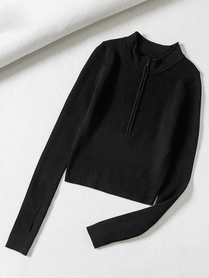 Quarter Zip Crop Rib Knit Sweater