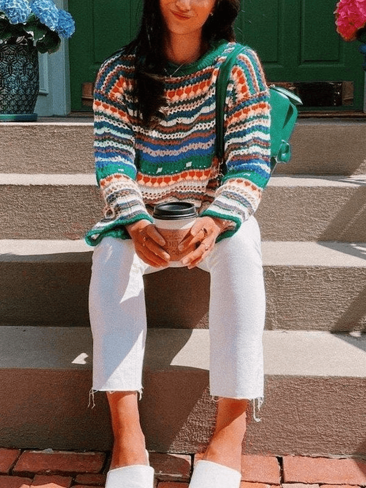 Rainbow Stripe Crochet Knit Sweater