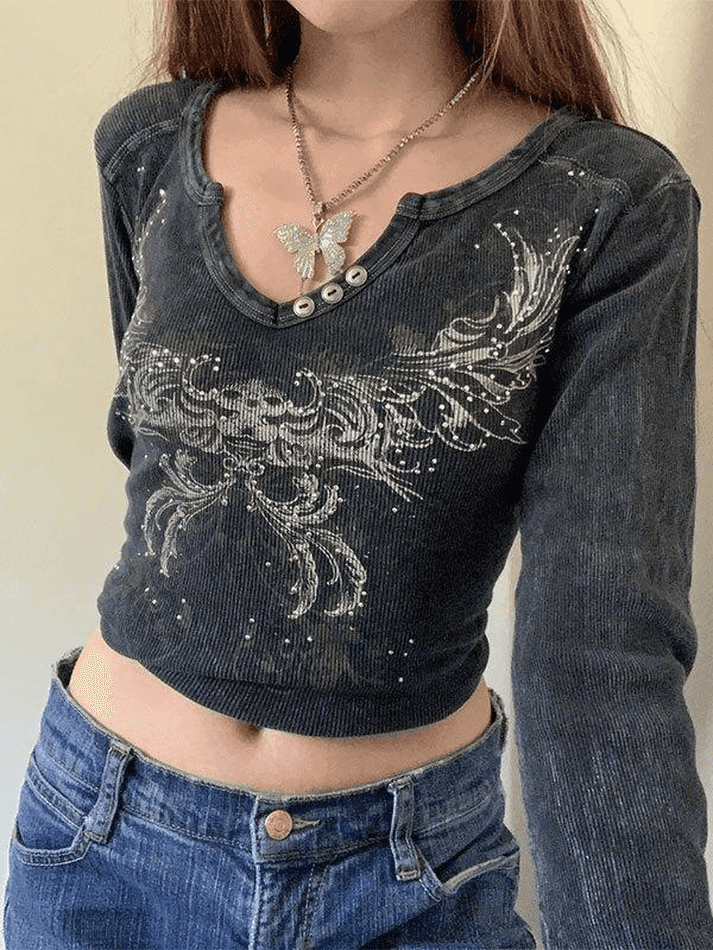 Rhinestone Detail Long Sleeve Crop Top