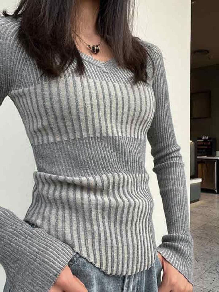 Ribbed Patchwork V Neck Slim Long Sleeve Knit