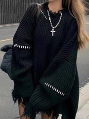 Ribbed Tattered Fringed Loose Sweater