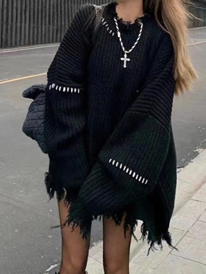 Ribbed Tattered Fringed Loose Sweater