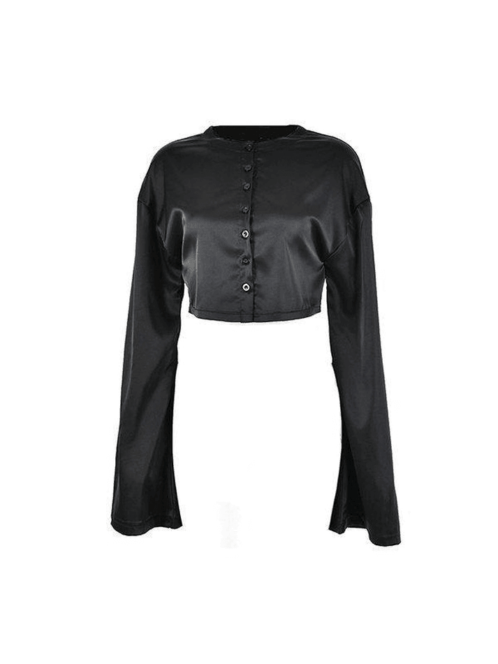 Satin Long Sleeve Buttoned Crop Blouse