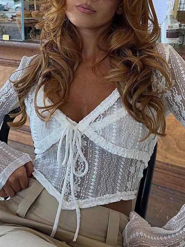 See Through Lace Up Long Sleeve Tee