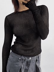 See Through Long Sleeve Ribbed Knit Top