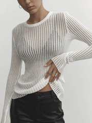 See Through Long Sleeve Ribbed Knit Top