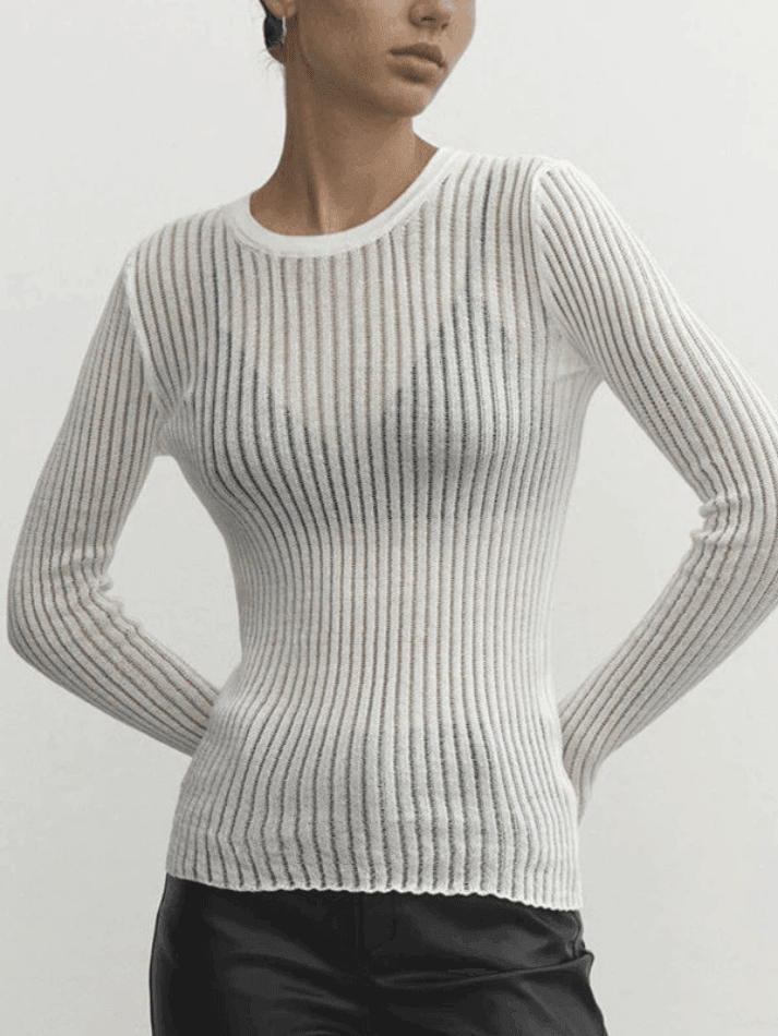 See Through Long Sleeve Ribbed Knit Top