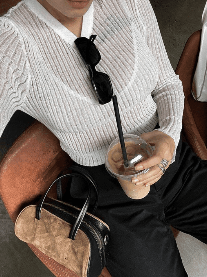 See Through Long Sleeve Ribbed Knit Top