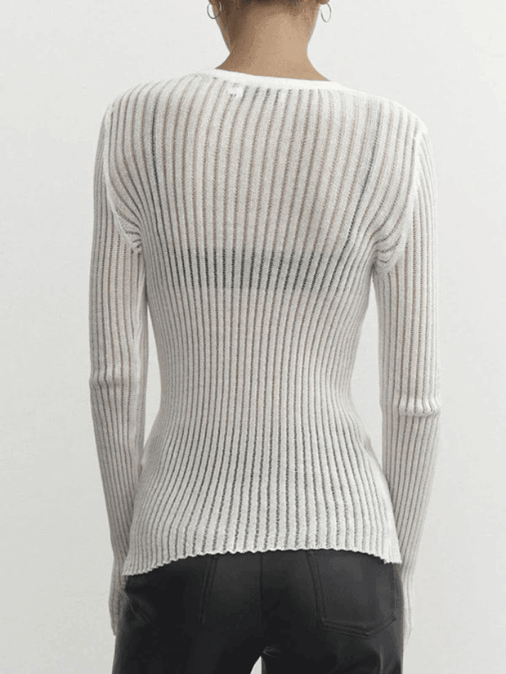 See Through Long Sleeve Ribbed Knit Top