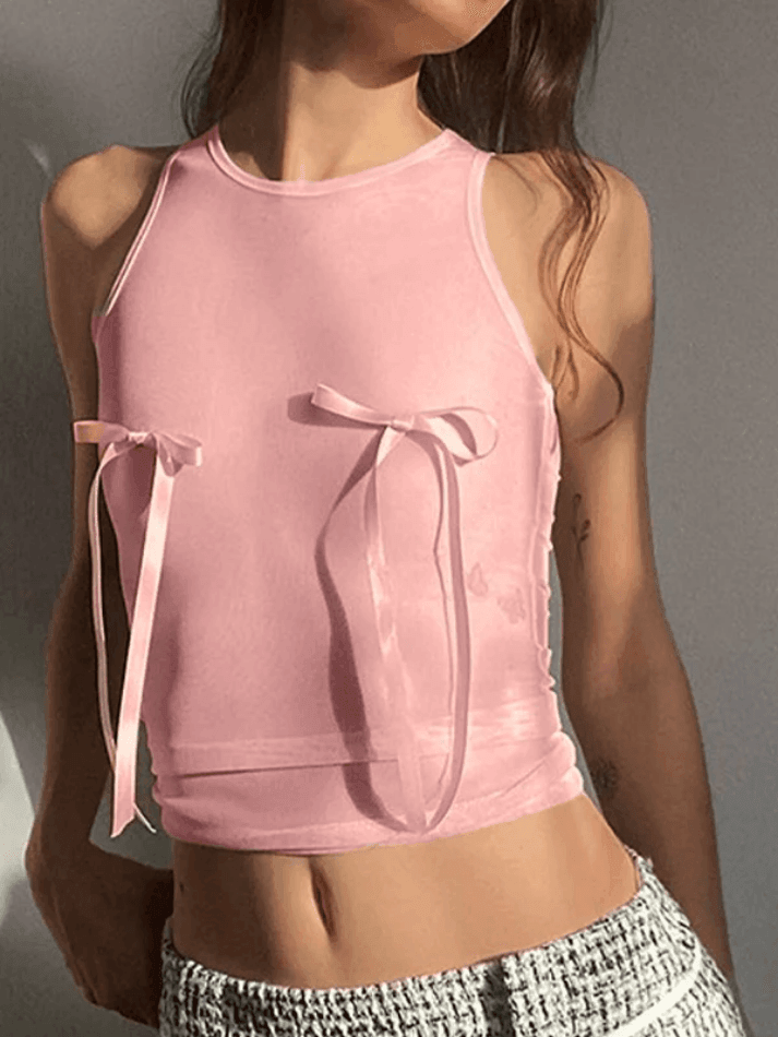 Sheer Mesh Bow Pink Tank Top