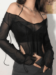 Sheer Mesh Lace Up Blouse