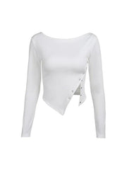 Slanted Shoulder Snap Button Slit Long Sleeve Tee