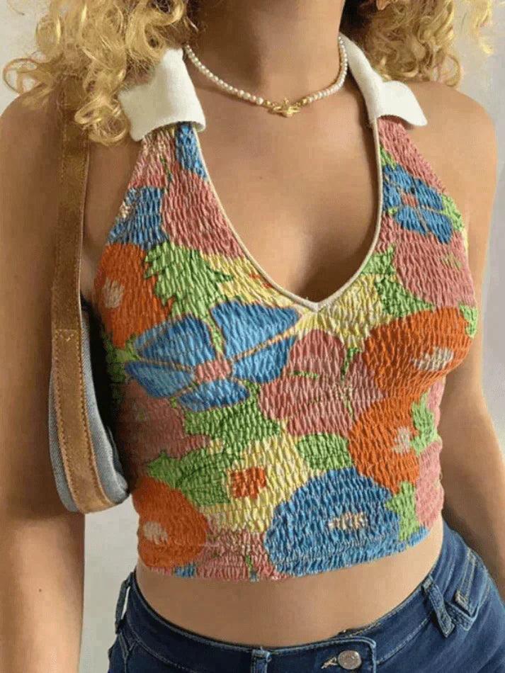 Smocked Halter Cropped Tank Top