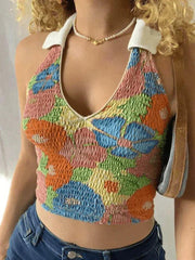 Smocked Halter Cropped Tank Top