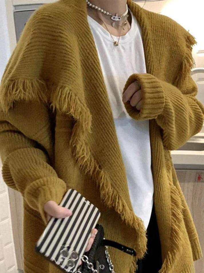Solid Color Big Lapel Neck Tassel Trim Cardigan