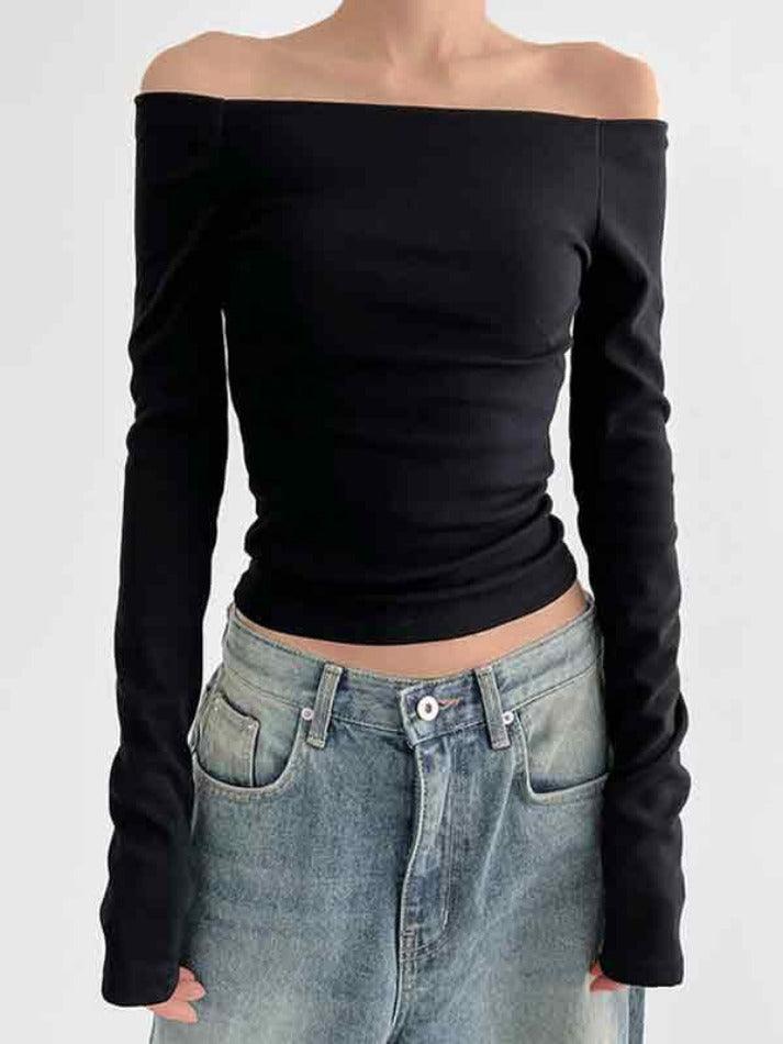 Solid Color Off Shoulder Slim Long Sleeve Tee