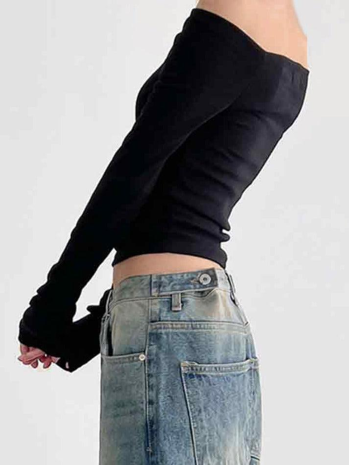Solid Color Off Shoulder Slim Long Sleeve Tee