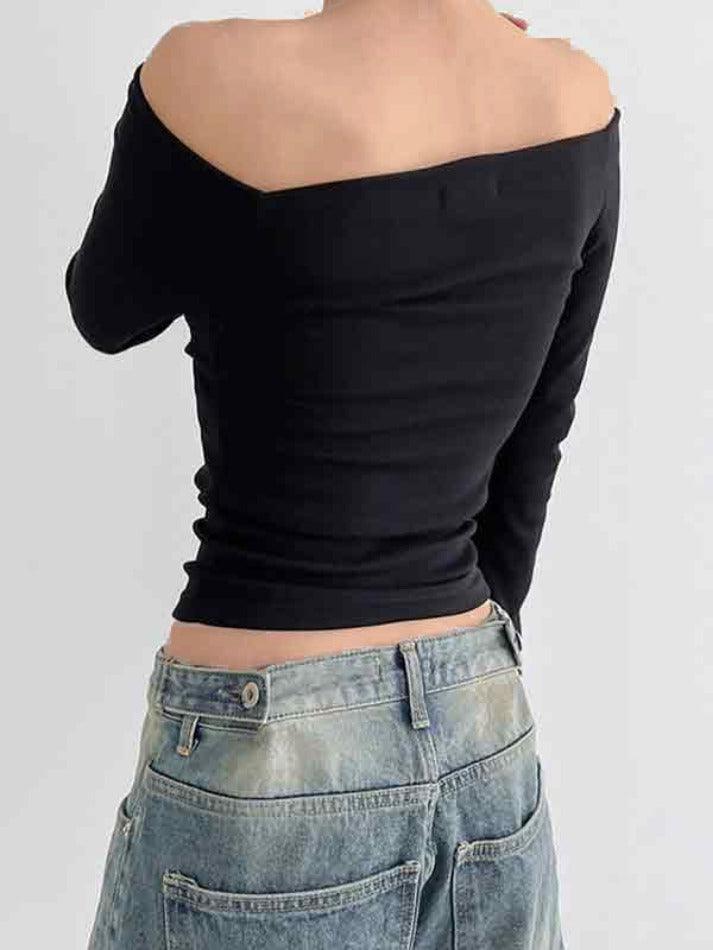 Solid Color Off Shoulder Slim Long Sleeve Tee