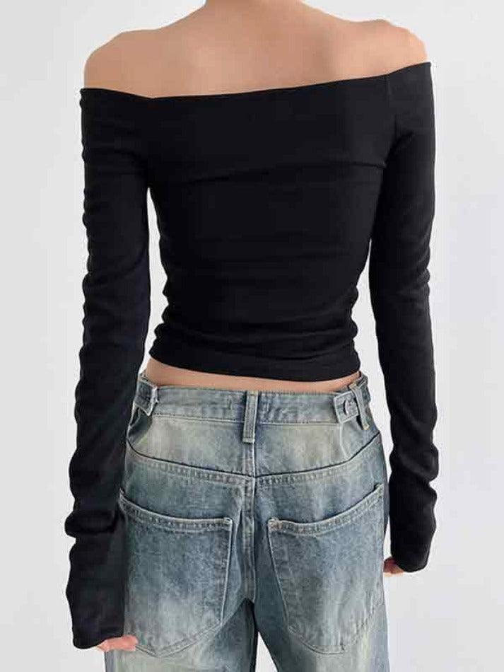 Solid Color Off Shoulder Slim Long Sleeve Tee