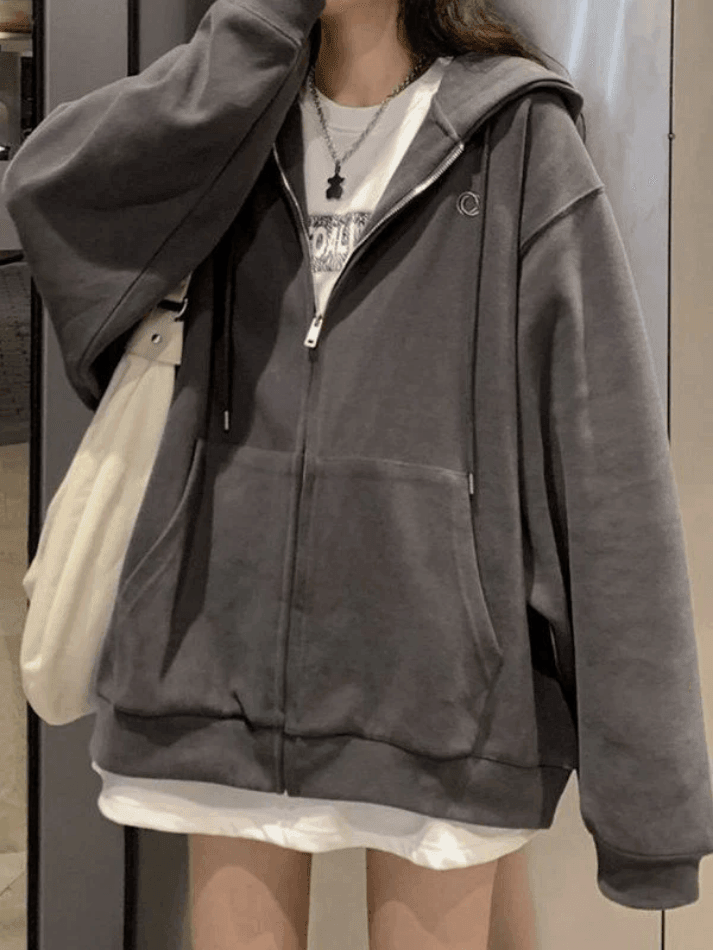 Solid Color Oversized Zip Up Hoodie