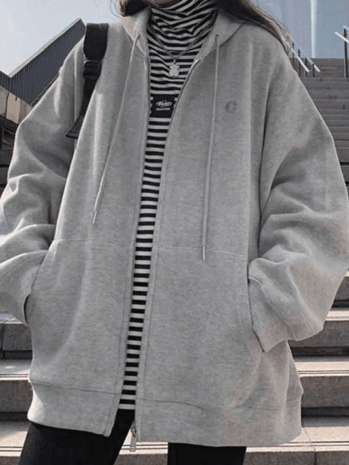 Solid Color Oversized Zip Up Hoodie