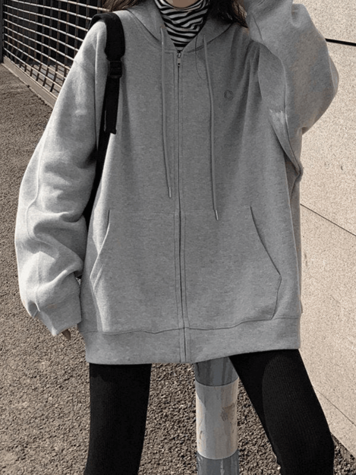 Solid Color Oversized Zip Up Hoodie