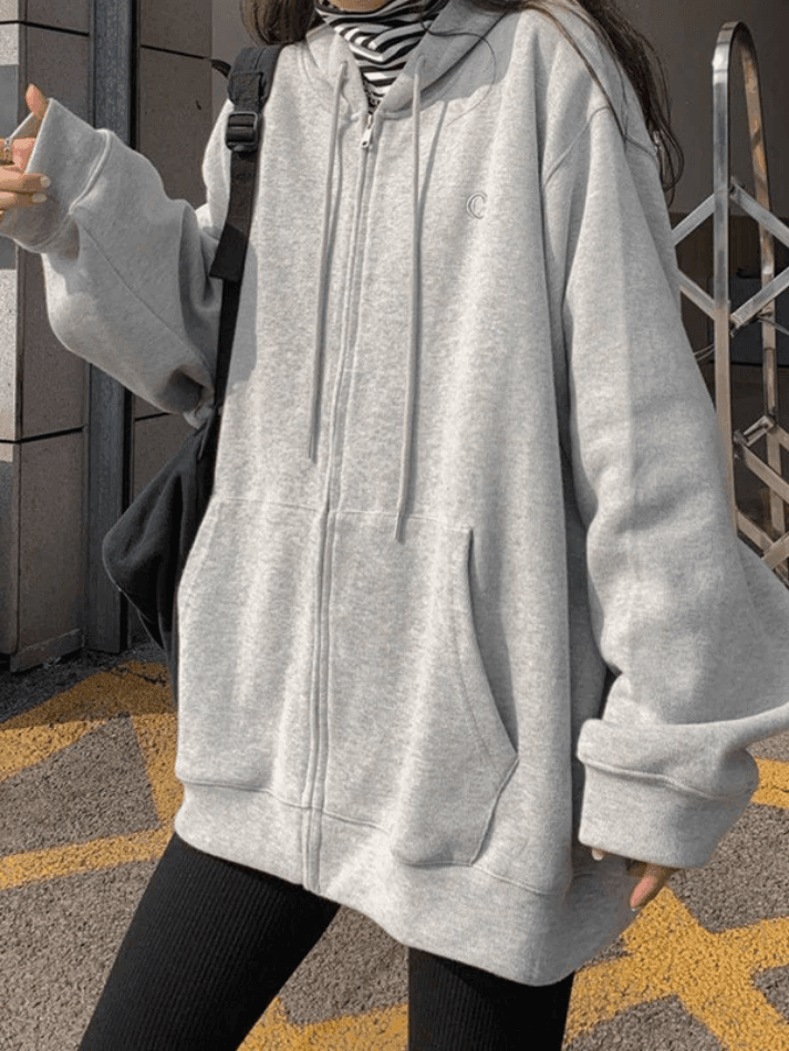 Solid Color Oversized Zip Up Hoodie