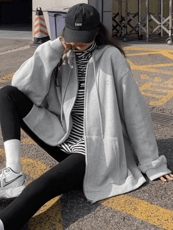 Solid Color Oversized Zip Up Hoodie
