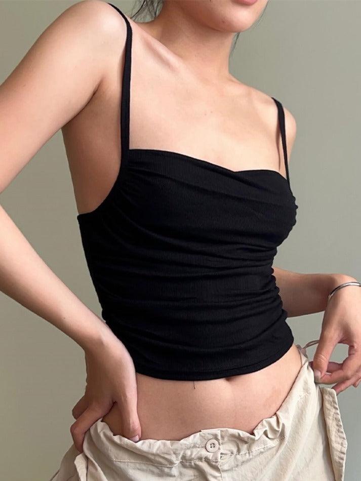 Solid Color Pleated Backless Slim Cami Top