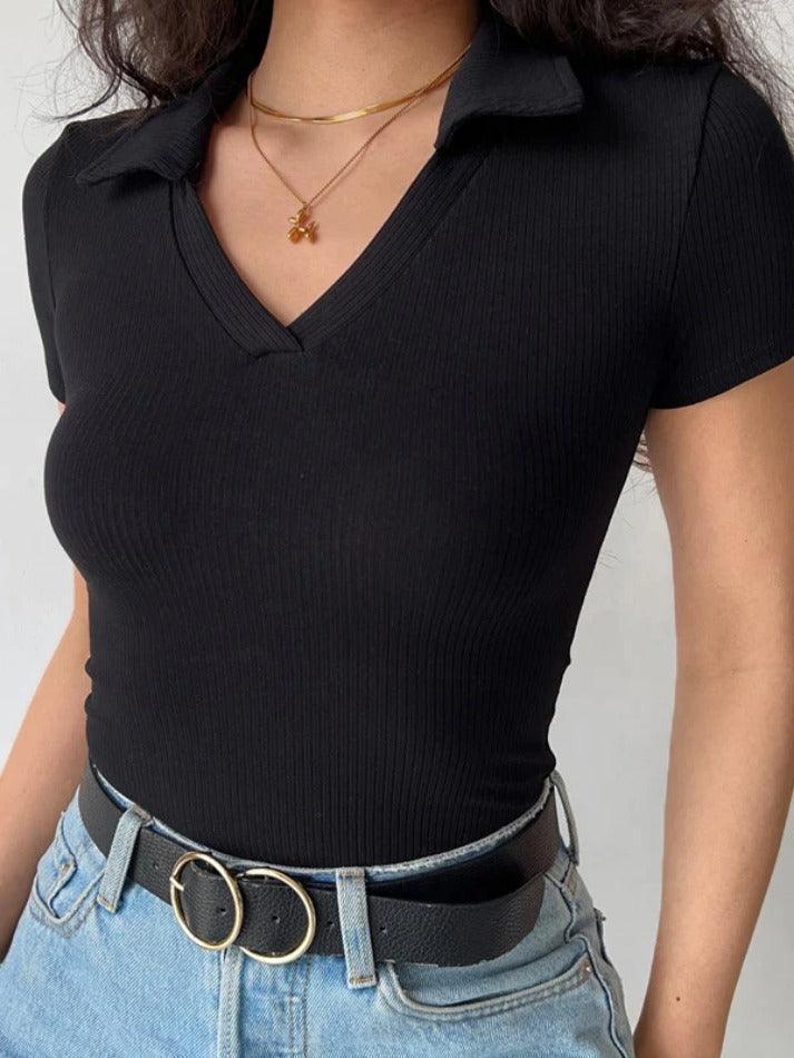 Solid Color V Neck Short Sleeve Knit